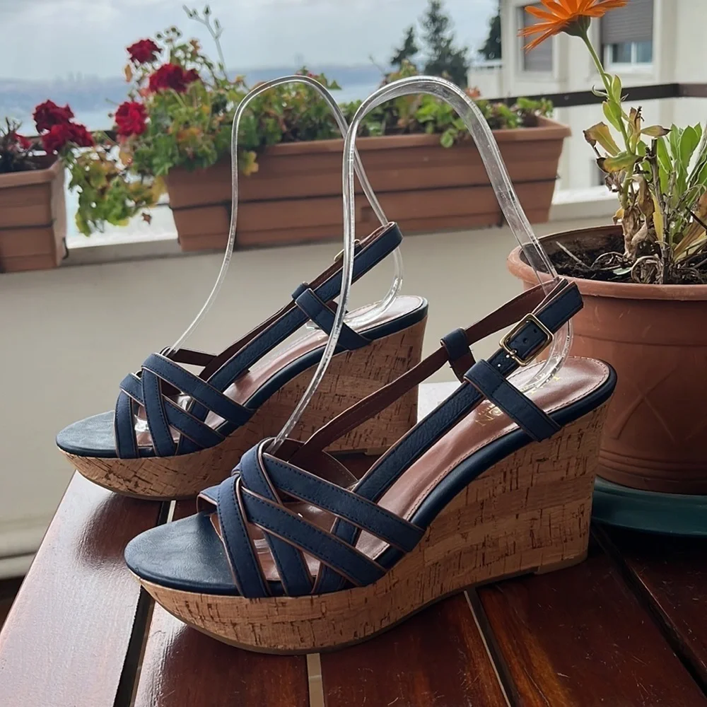 Lauren Ralph Lauren QUAYLIN Navy Blue Peep Toe Cork Wedge Heel Shoes 7 - Picture 10 of 10